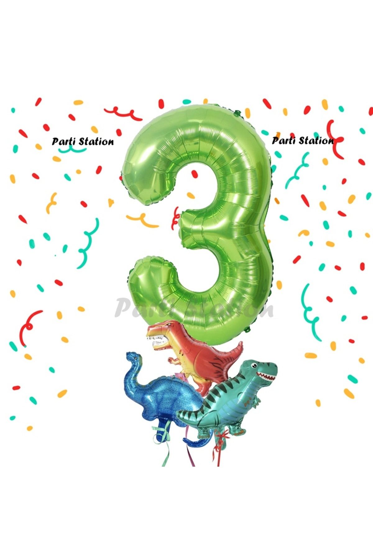 Partifest Yeşil Renk Rakam Balonlu Küçük Boy Dinozor Balonlu 3 Yaş Dinozor Konsept Doğum Günü Parti Balon Set