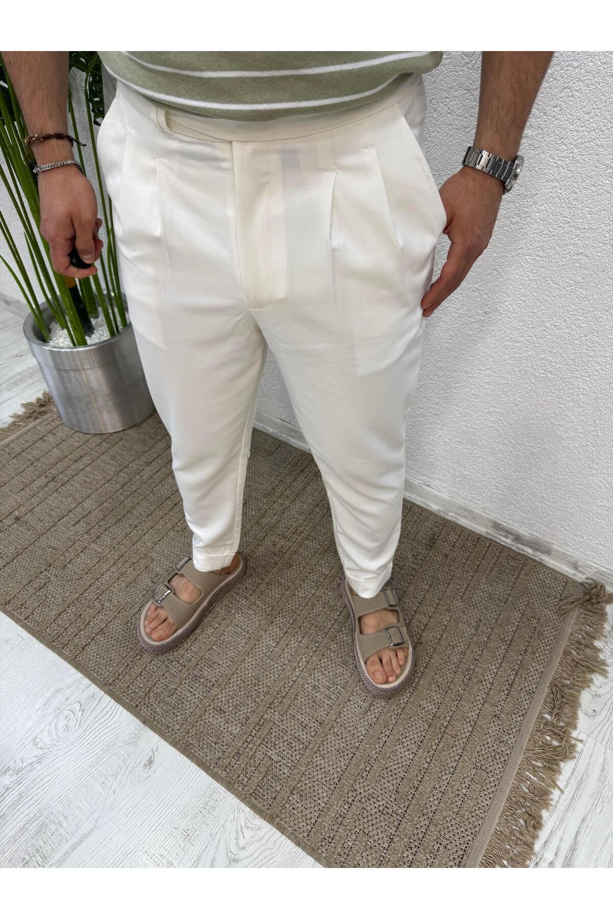Yubacollection Punch İtalyan Kesim Duble Paça Pantolon Beyaz