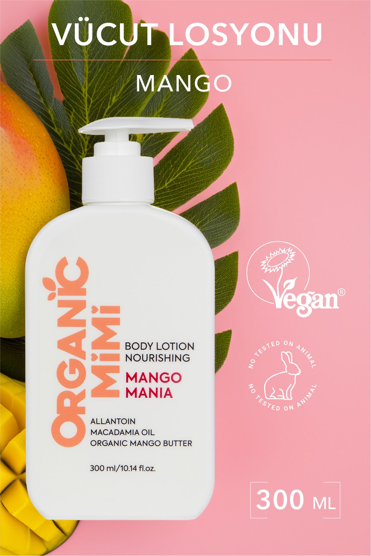 ORGANİC MİMİ Vücut Losyonu Mango Mania, Vegan Besleyici Vücut Kremi, Nemlendirici Kadın Vücut Bakımı, 300 ml