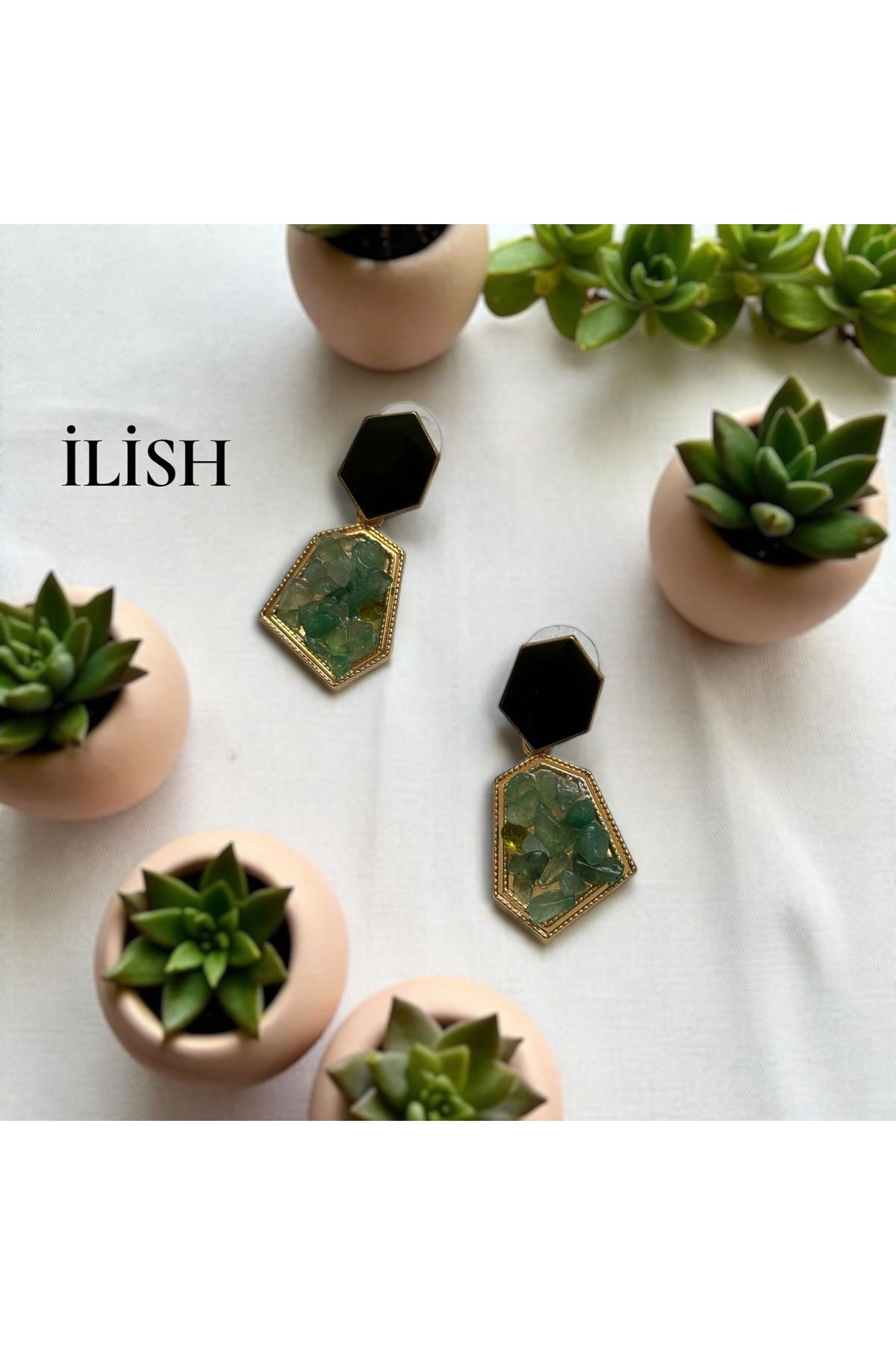 İLİSH İLİSH Yeşil Taşlı Doğal Küpe
