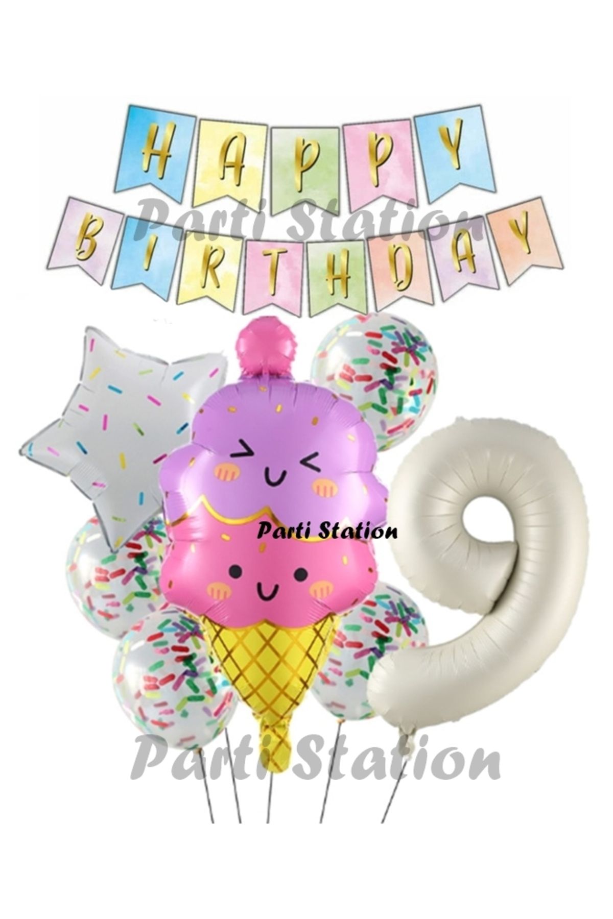 Partifest İce Cream Dondurma Konsept Doğum Günü 9 Yaş Balon Set Yaz Tema Sevimli Dondurma Folyo Balon Set