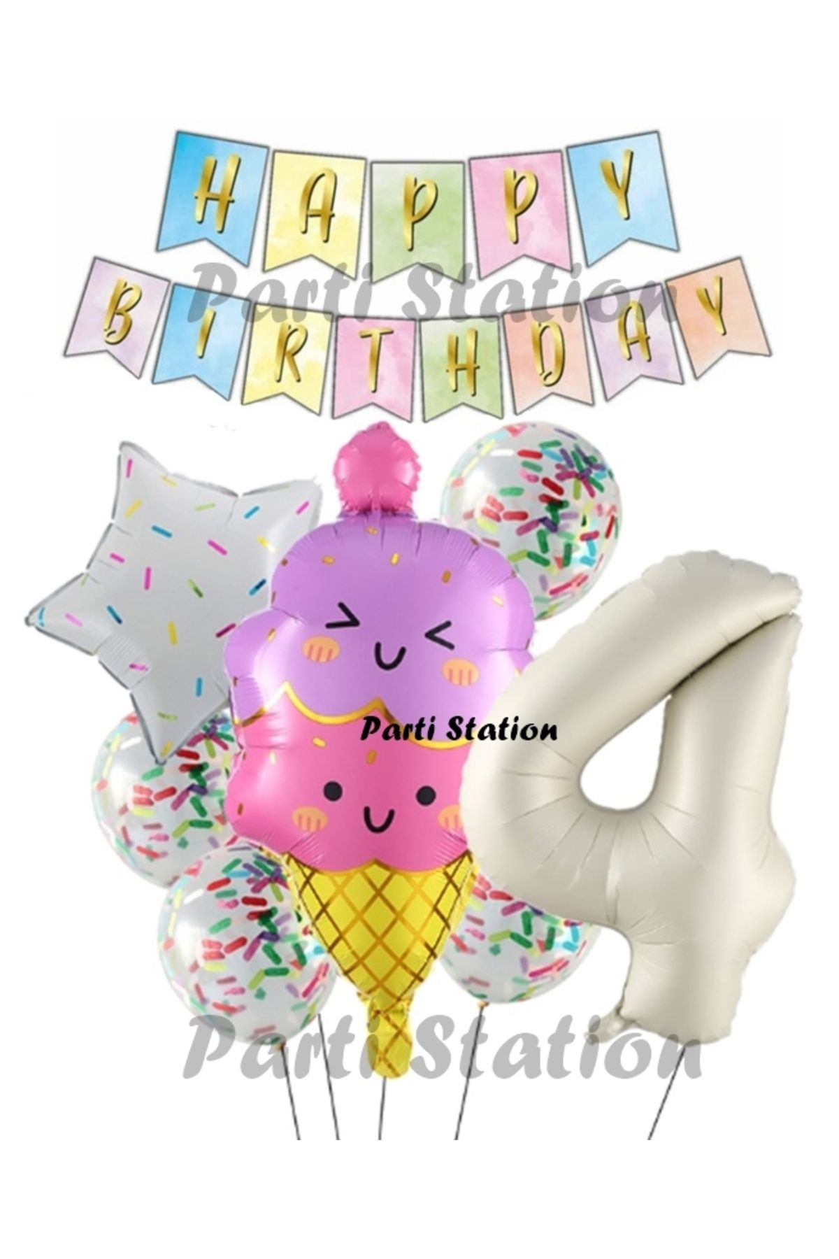 Partifest İce Cream Dondurma Konsept Doğum Günü 4 Yaş Balon Set Yaz Tema Sevimli Dondurma Folyo Balon Set