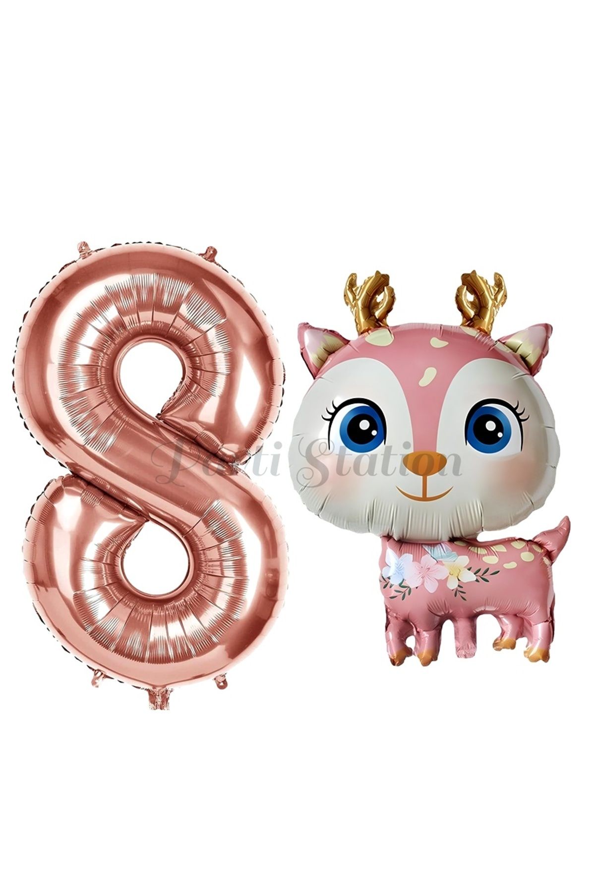 Partifest Sevimli Geyik 8 Yaş Balon Set Ceylan Balon Woodland Konsept Geyik Balon ve Rosegold Renk Rakam Balon