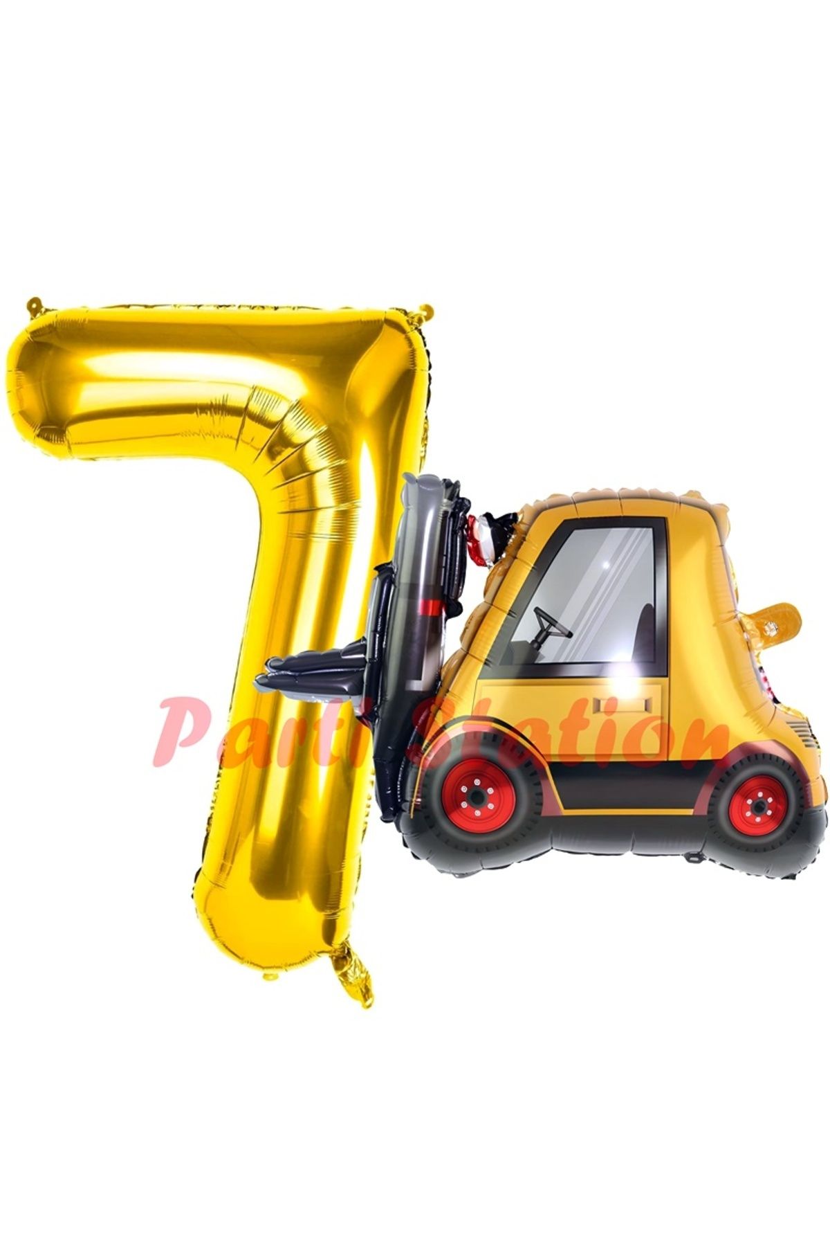 Partifest İnşaat Forklift Kamyonu Balon 7 Yaş Doğum Günü Balon Set İş Makinaları Konsept ve Gold Rakam Balon