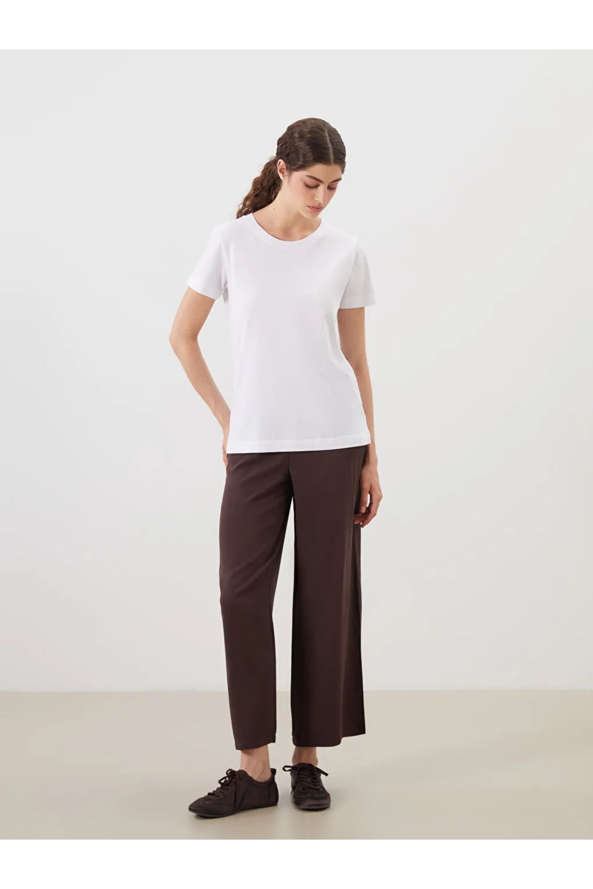 LC Waikiki LCW Modest Kahverengi Beli Lastikli Geniş Paça Kadın Pantolon
