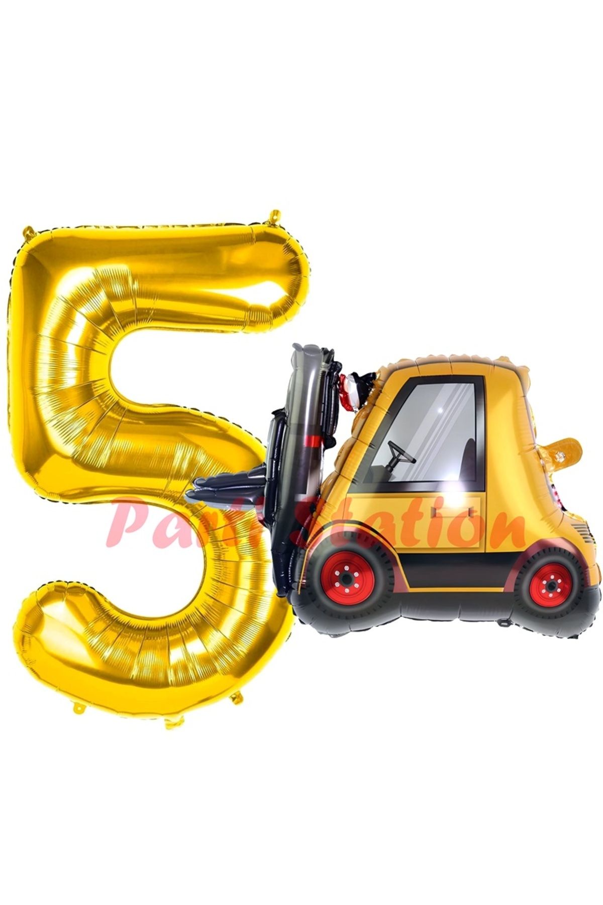 Partifest İnşaat Forklift Kamyonu Balon 5 Yaş Doğum Günü Balon Set İş Makinaları Konsept ve Gold Rakam Balon