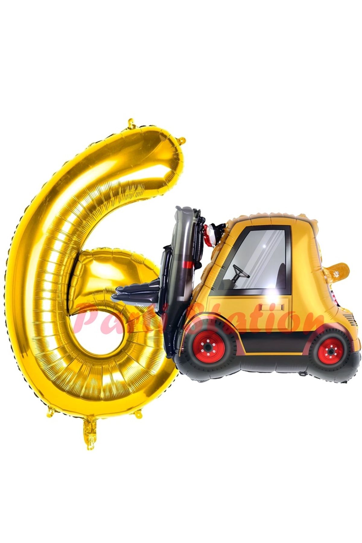 Partifest İnşaat Forklift Kamyonu Balon 6 Yaş Doğum Günü Balon Set İş Makinaları Konsept ve Gold Rakam Balon