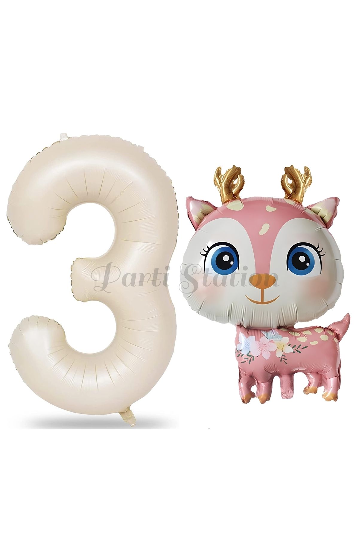 Partifest Sevimli Geyik 3 Yaş Balon Set Ceylan Balon Woodland Konsept Geyik Balon ve Krem Renk Rakam Balon