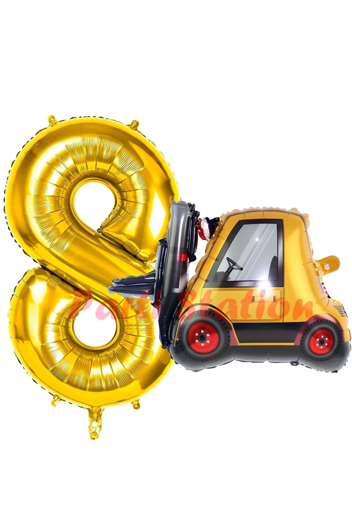 Partifest İnşaat Forklift Kamyonu Balon 8 Yaş Doğum Günü Balon Set İş Makinaları Konsept ve Gold Rakam Balon