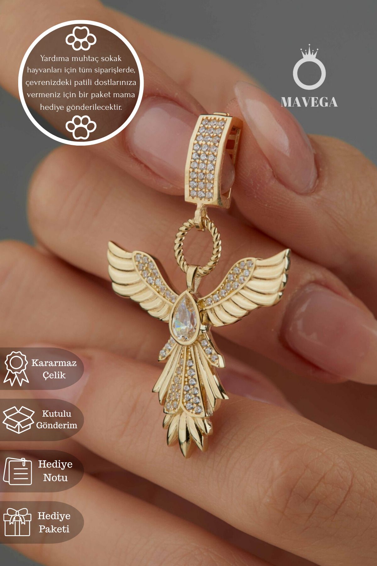MAVEGA Kadın Kararmaz Çelik Anka Kuşu Zirkon Taşlı Küpe | Altın Renk