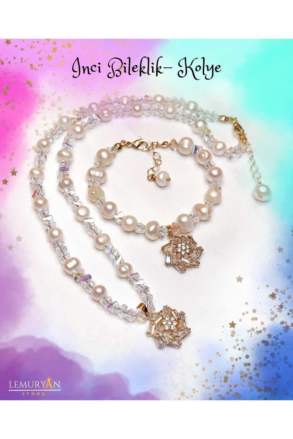 Herkimer Doğal Taş Orijinal İnci Kolye & Bileklik Zirkon Tasarım Set