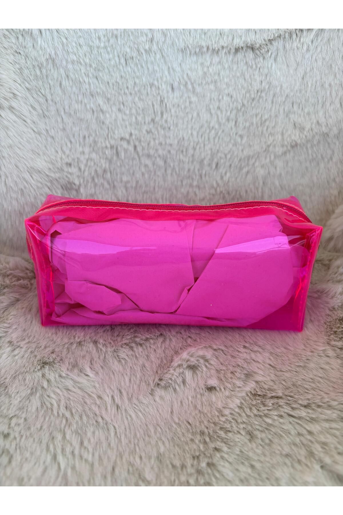 AyKoş aksesuar Pembe Şeffaf Neon Kalemlik ve Makyaj Çantası