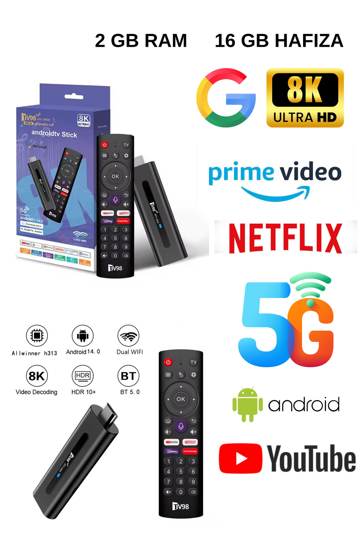 Qifit TV98 Android 14 Sesli Asistan Kumandalı 8K Akıllı TV STİCK| H618 Mini PC Wi-Fi 6 BT 5.0 TV Alıcısı