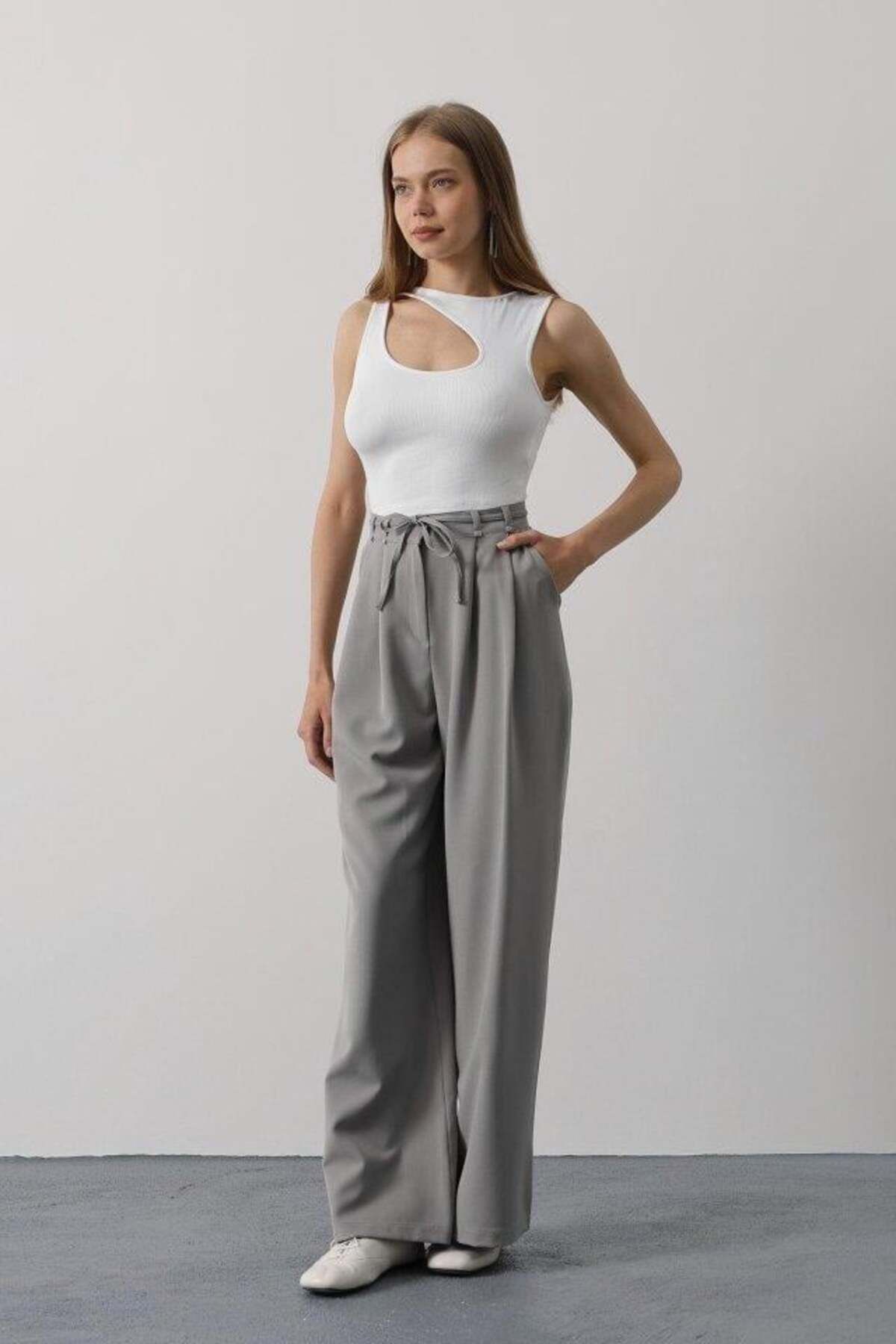 modamtn Pileli Bağcıklı Oversize Pantolon - Gri