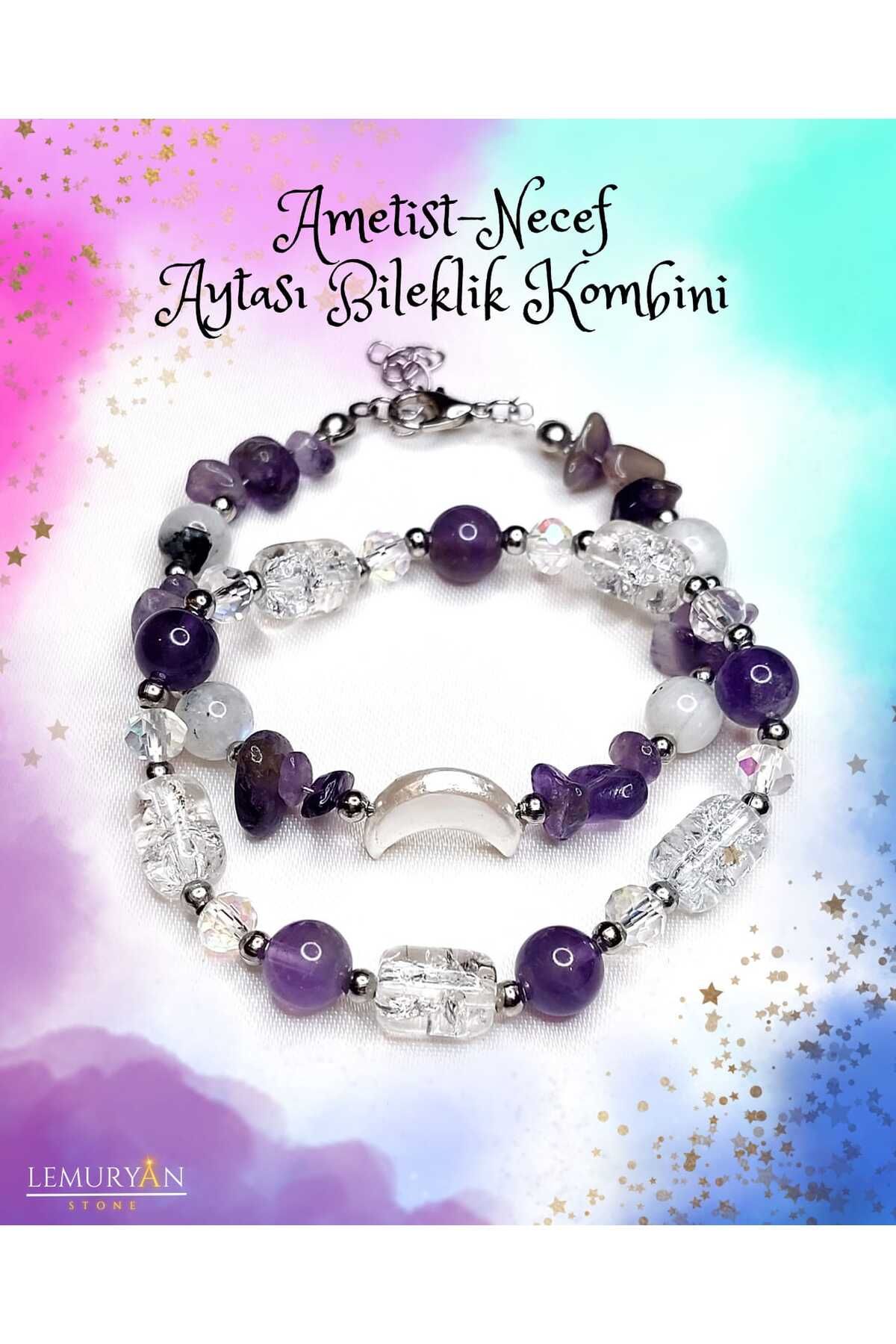 Herkimer Doğal Taş Ametist - Aytaşı - Necef Taşı Tasarım Doğaltaş 2'li Bileklik