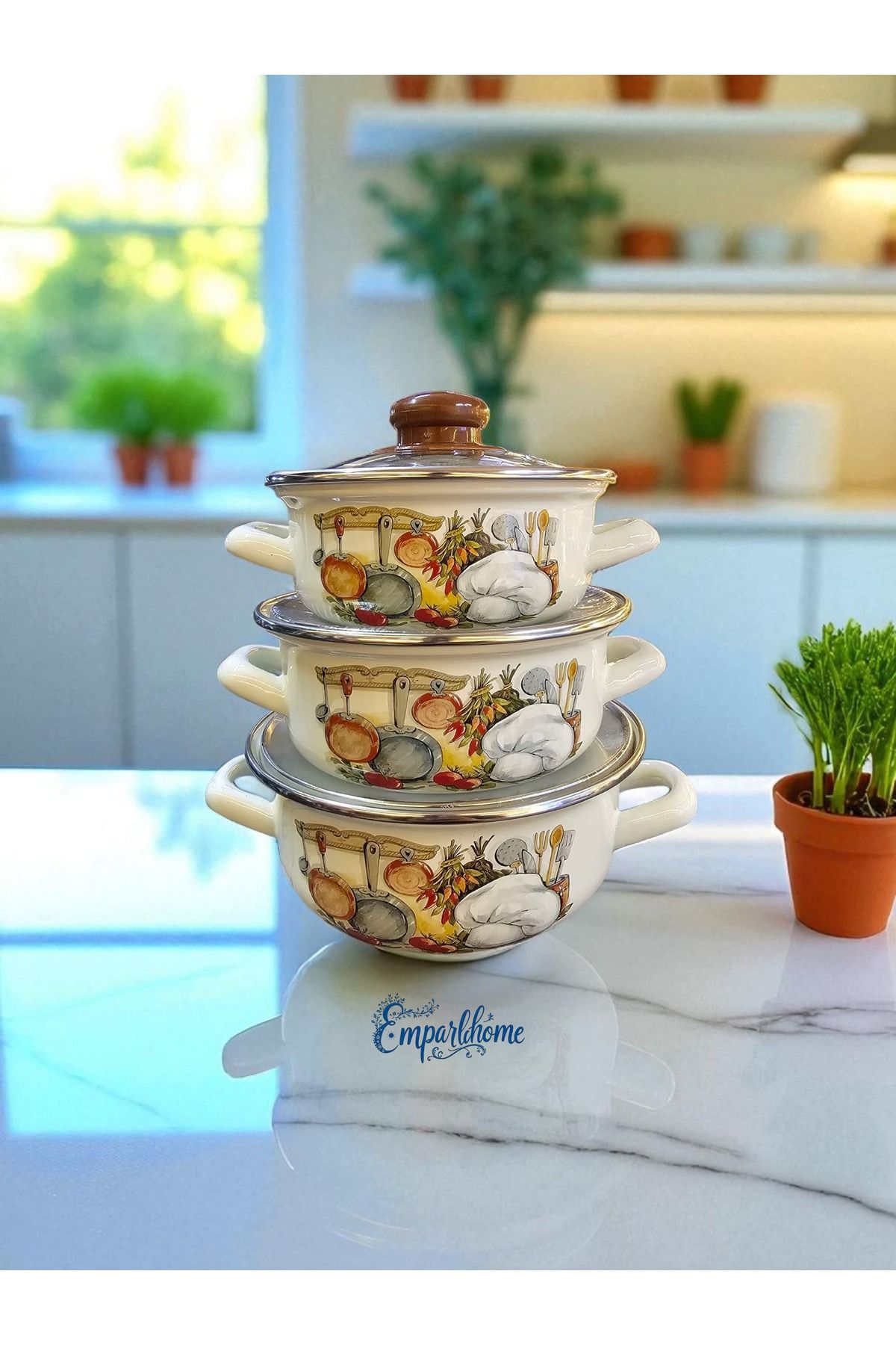 Emparlahome Emaye 3'lü Pişir Sakla Tencere Seti (12cm-14cm-16cm) Desenli