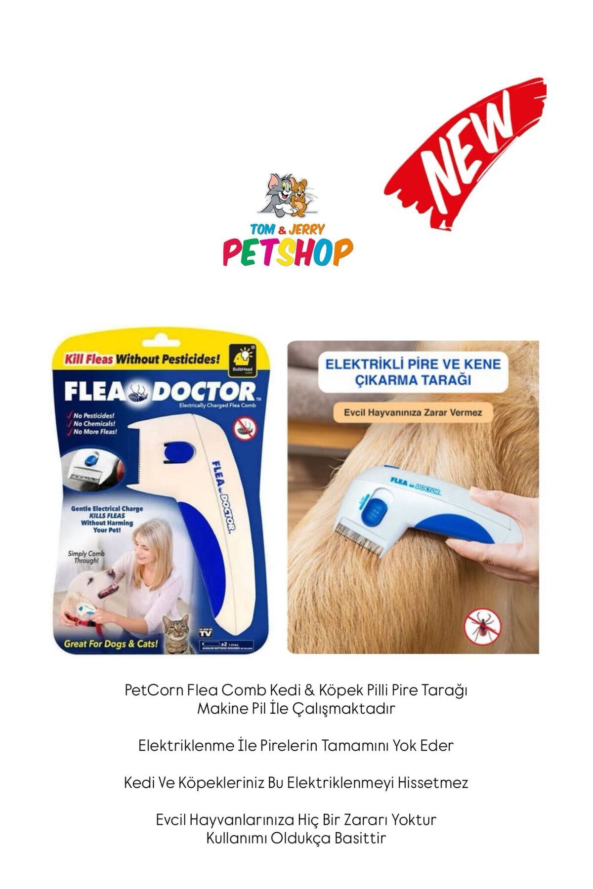 TOM&JERRYPETSHOP Kedi & Köpek Pilli Pire Tarağı