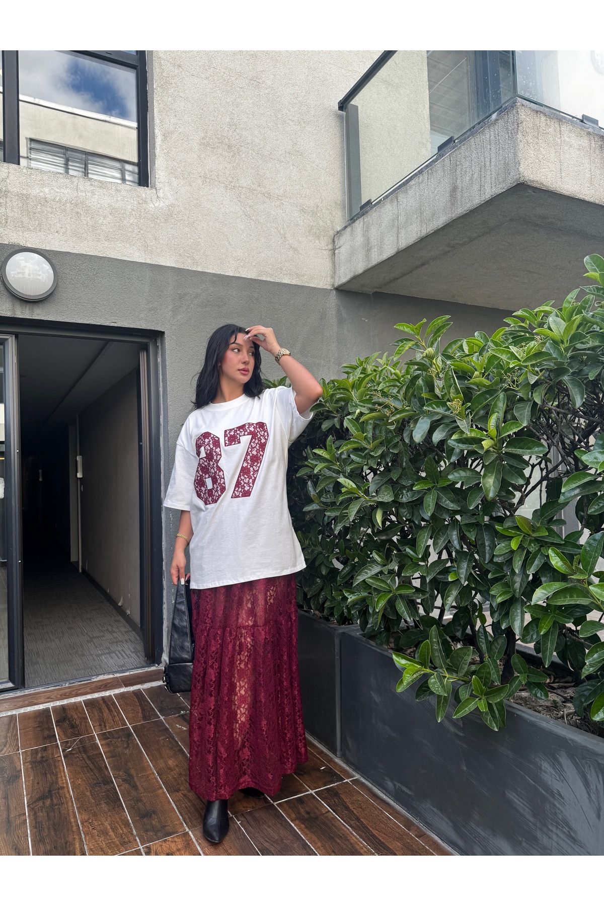 Fashion'S Kadın Bordo Dantel Detaylı Oversize T-shirt Ve Astarsız Dantel Etek Alt/üst Takım