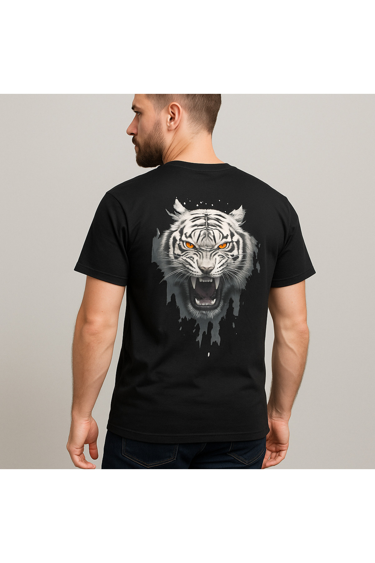Sırt Kaplan Baskılı Erkek Siyah Tshirt