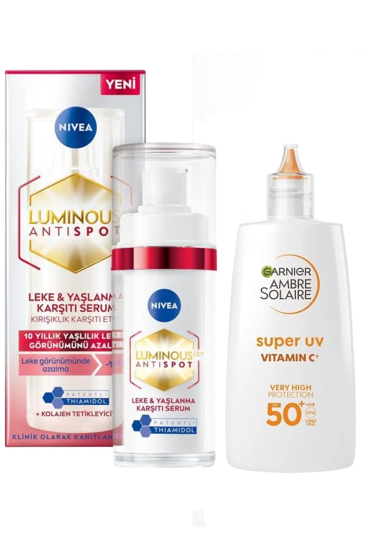 Garnier SPF 50+ Leke Karşıtı Güneş Koruyucu 40ml + Nivea-Luminous630 Leke ve Yaşlanma Karşıtı Serum 30ml