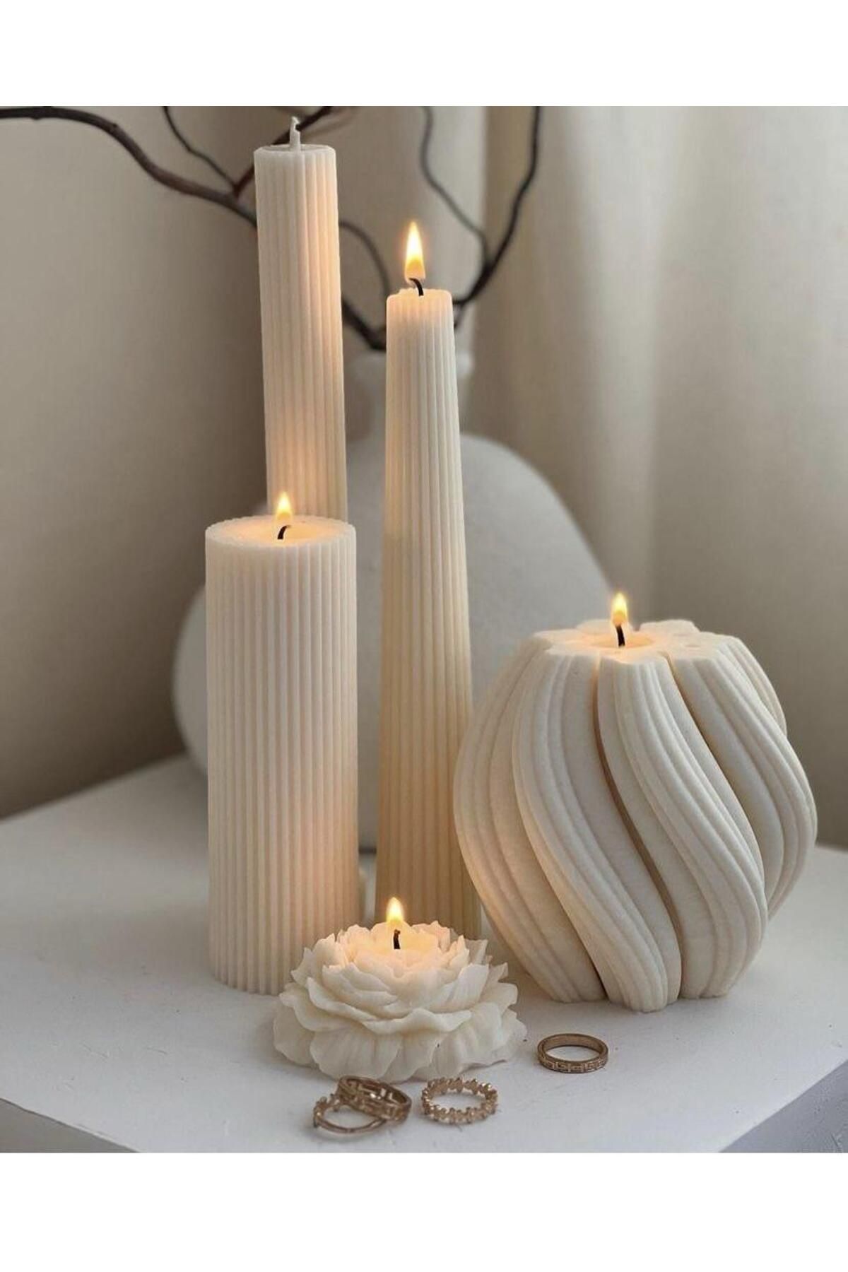 SCA CANDLE Dekoratif Mum YUvarlak Dalga+Şamdanlık mum +Çokgen+Şakaik Toplam 5 Parça