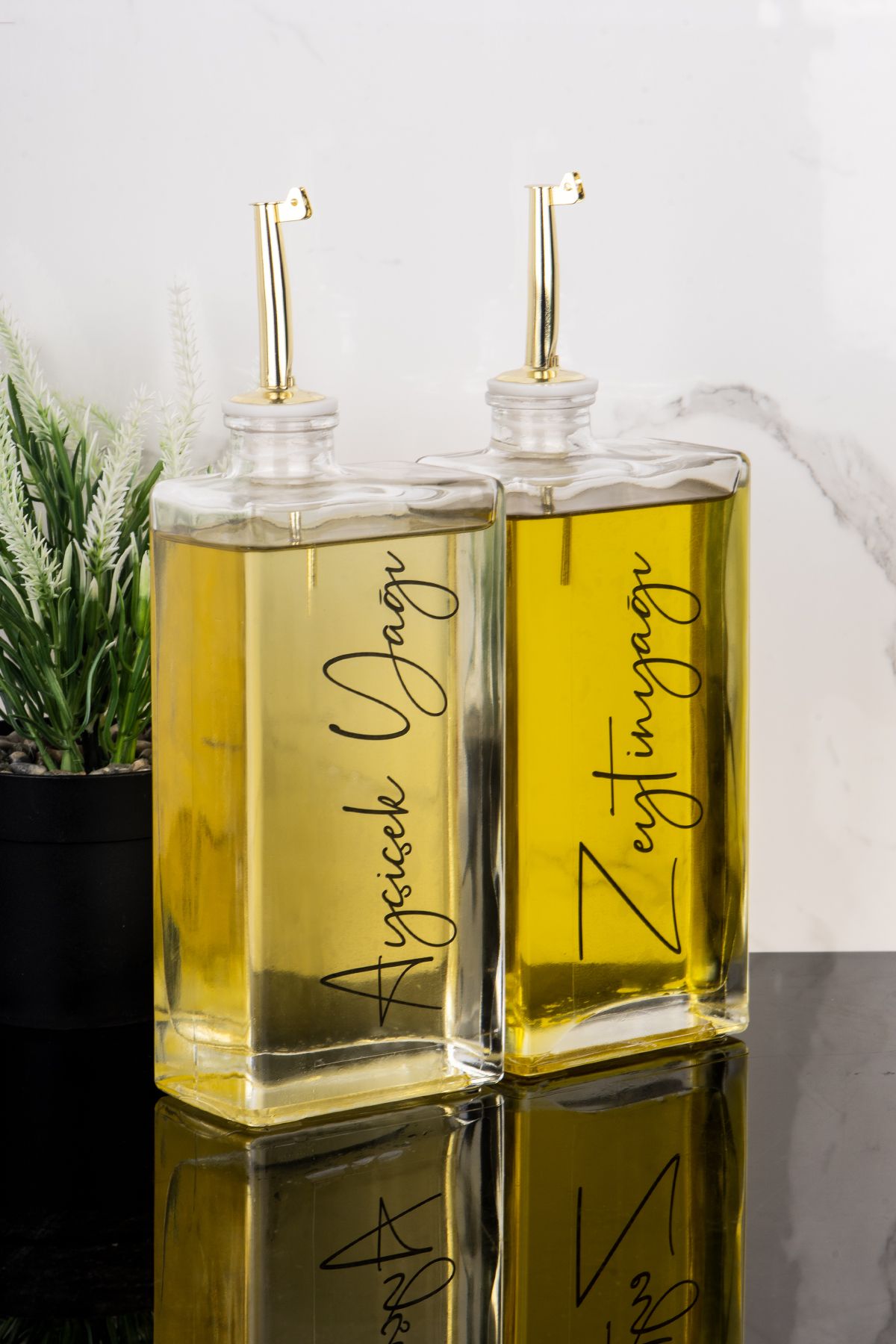 Dolkin Home 2li 500 ml Yağdanlık Gold Kapak Cam Yağlık Zeytinyağı Ve Ayçiçek Yağı Etiketli Sosluk Sirkelik