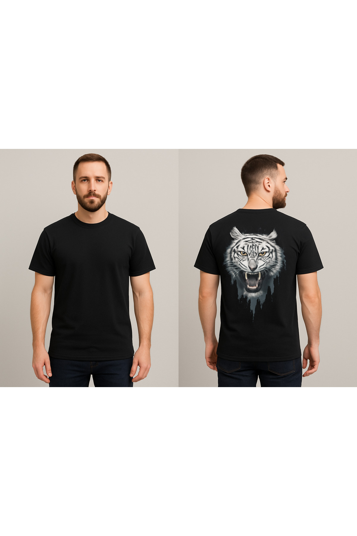 Sırt Kaplan Baskılı Erkek Siyah Tshirt