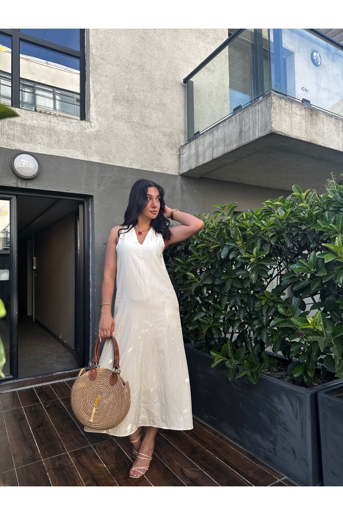 Fashion'S Kadın Krem V Yaka Astarlı Yazlık Elbise