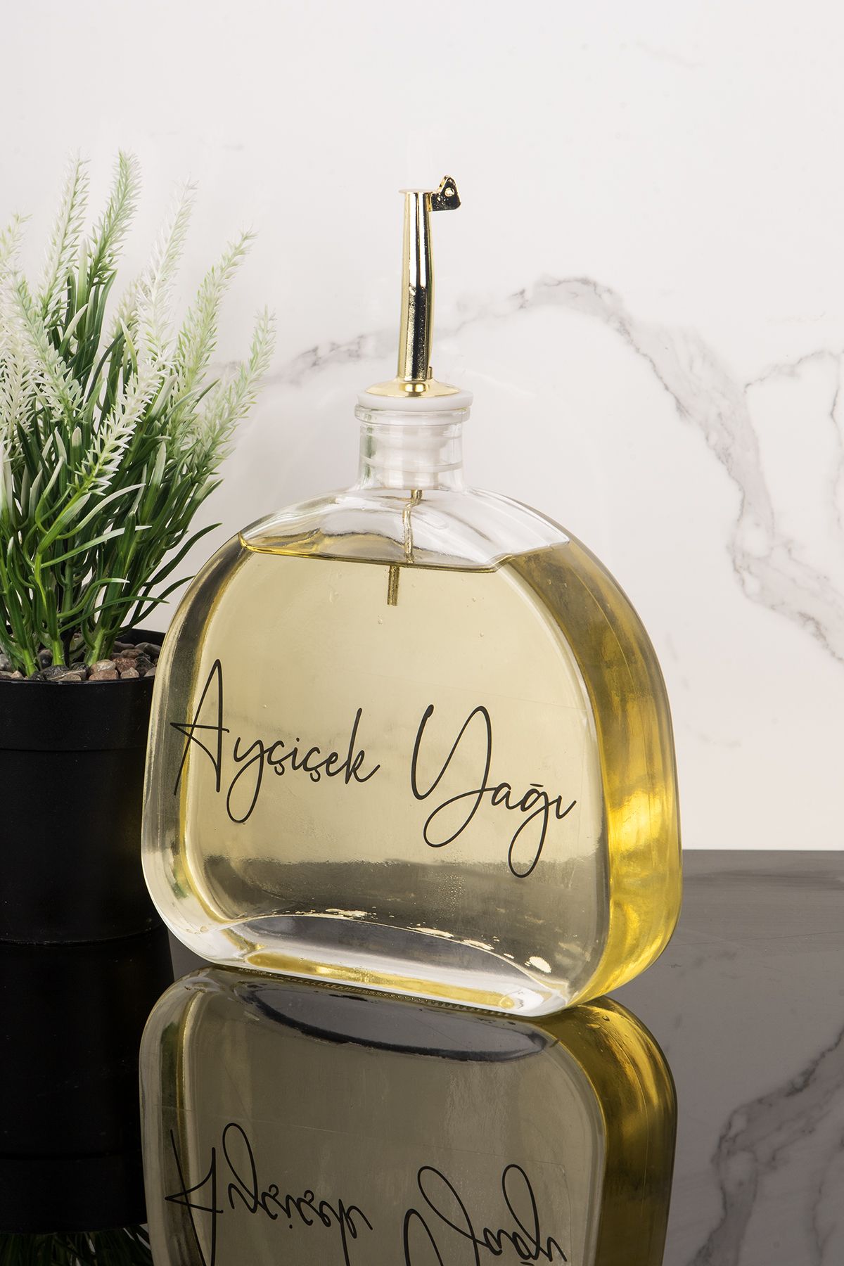 Dolkin Home Lüks 500 ml Yağdanlık Gold Kapak Cam Yağlık Zeytinyağı Ve Ayçiçek Yağı Etiketli Sosluk Sirkelik