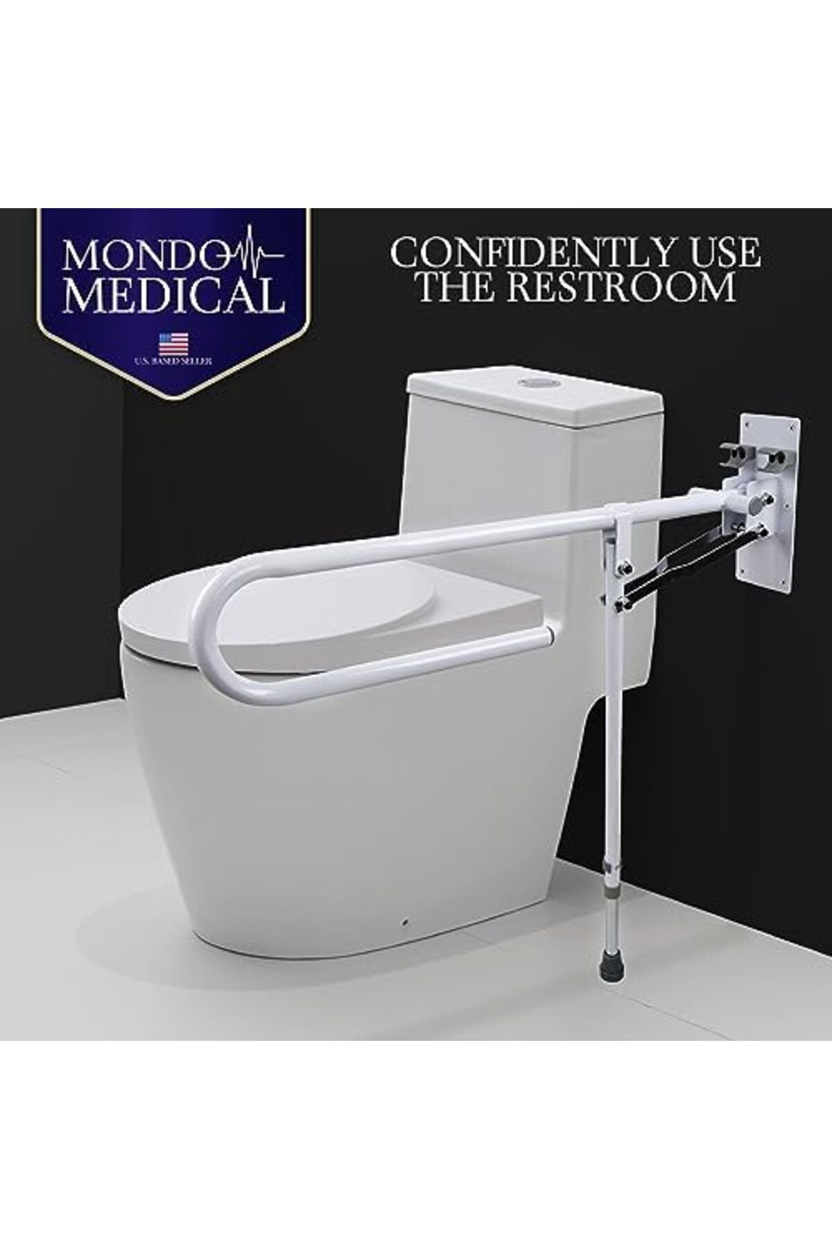 Stander-Mondo Medical Bathroom Toilet Grab Bar - White Stainless Steel Foldable Toilet Support Aid Rail with 8
