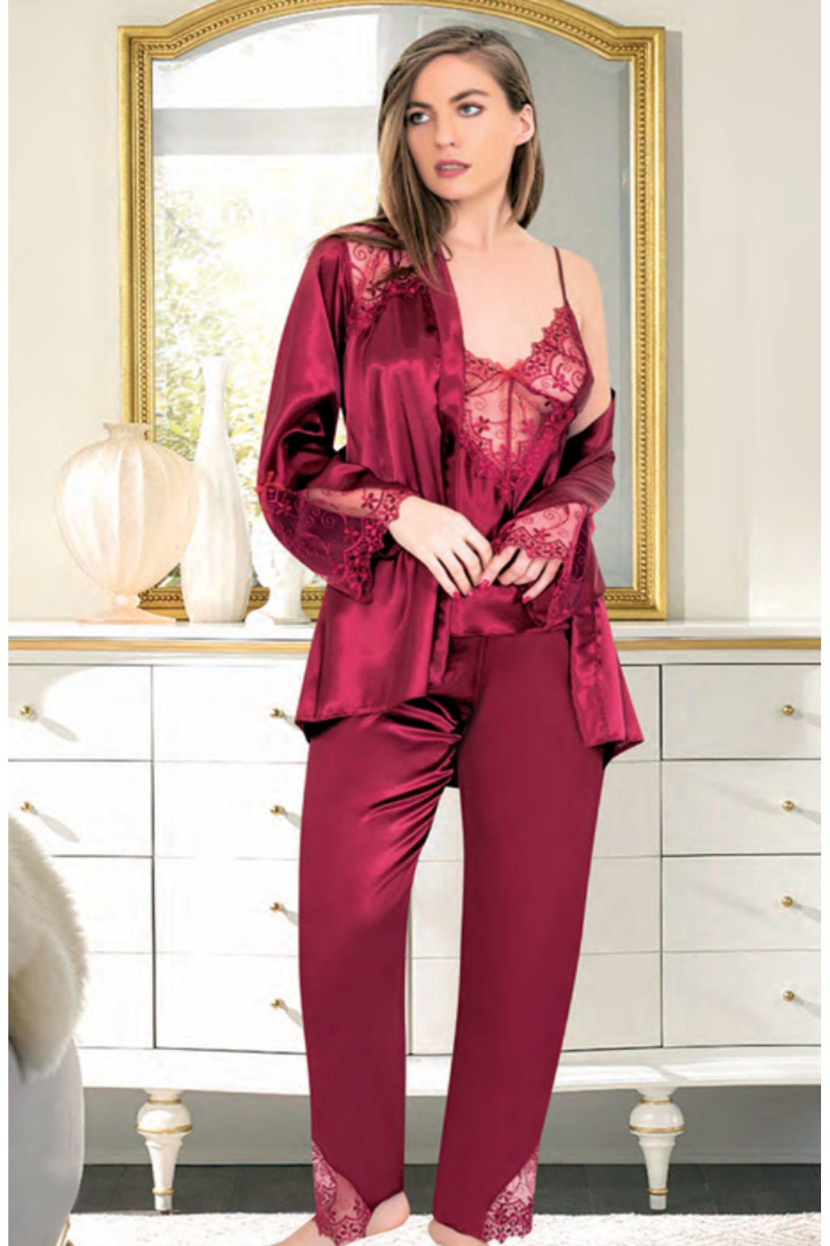 Fily İç Giyim MİSS LARİS Üçlü Lüx Saten Pijama Takımı Çeyizlik