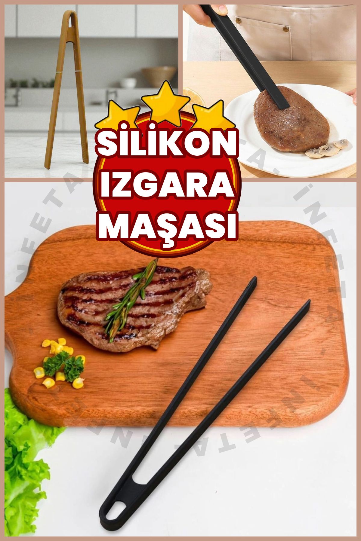 İnfeta 1 Adet Silikon Mutfak Maşası Yapışmaz Çizmez Barbekü Tava Maşası 24 cm
