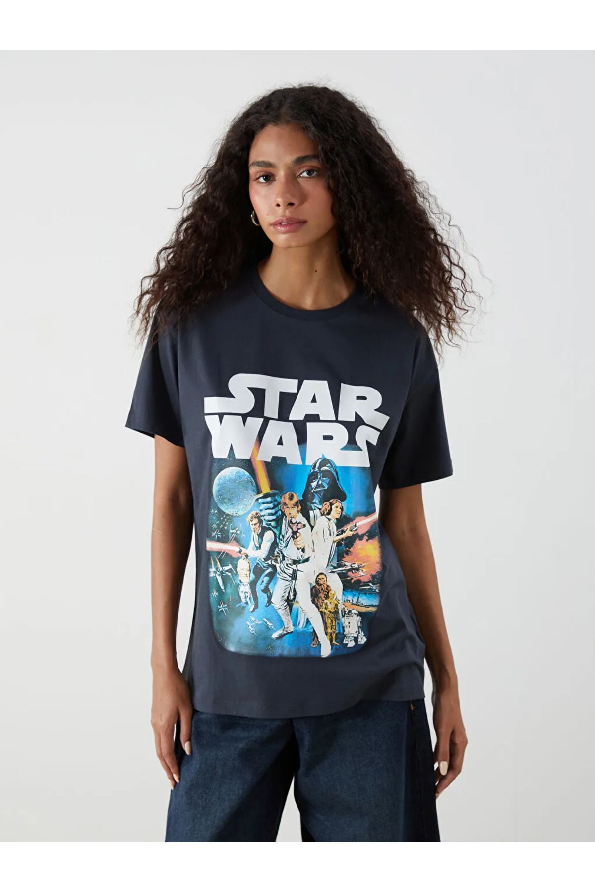 LC Waikiki XSIDE Antrasit Bisiklet Yaka Star Wars Baskılı Kadın Tişört