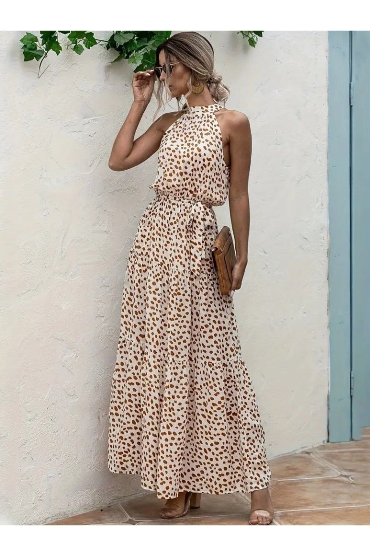 velmorafashion Kadın Daire Yakalı Beli Lastikli Desenli Süprem Elbise