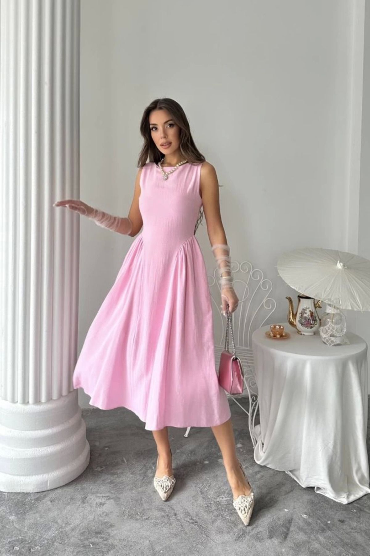 ZORM Pembe Yanları Büzgülü Midi Boy Keten Elbise