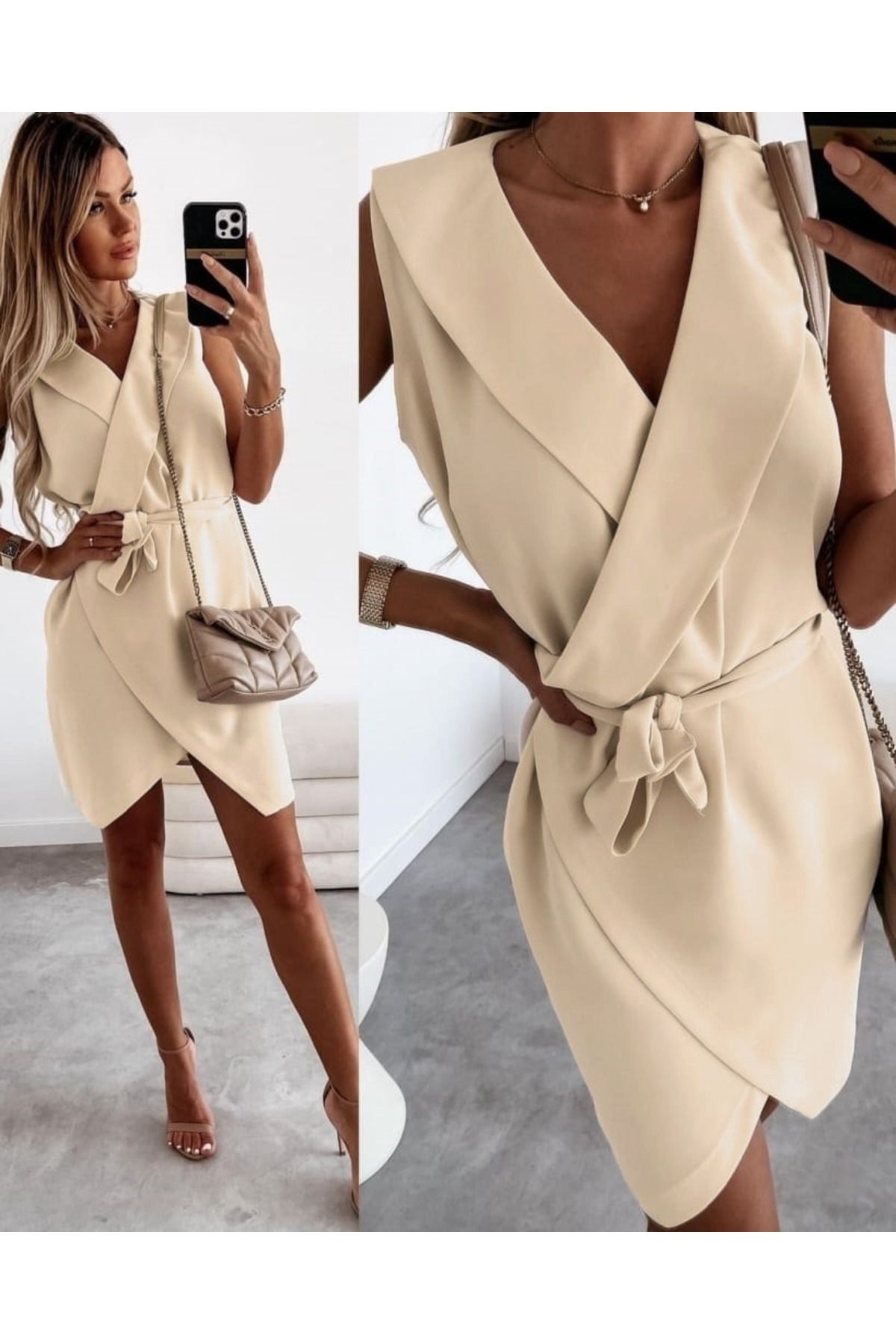velmorafashion Kruvaze Yaka Kuşaklı Krep Kumaş Elbise