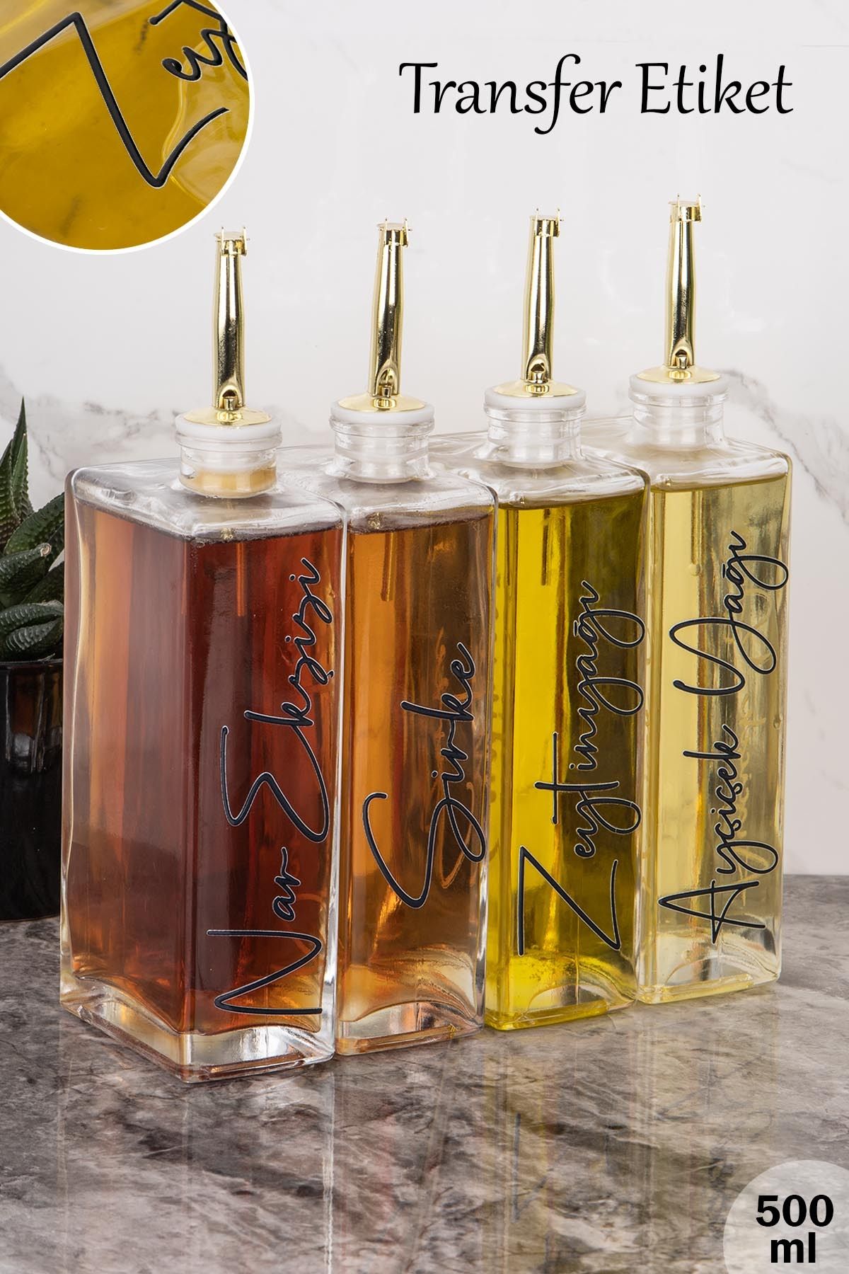 Dolkin Home 4lü 500ml Transfer Etiketli Lüks Yağdanlık Seti Gold Kapak Cam Yağlık Sosluk Sirkelik