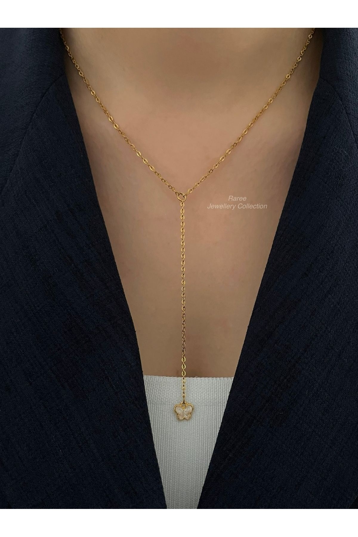 Raree Jewellery Mini kelebek detaylı çelik zincirli y kolye