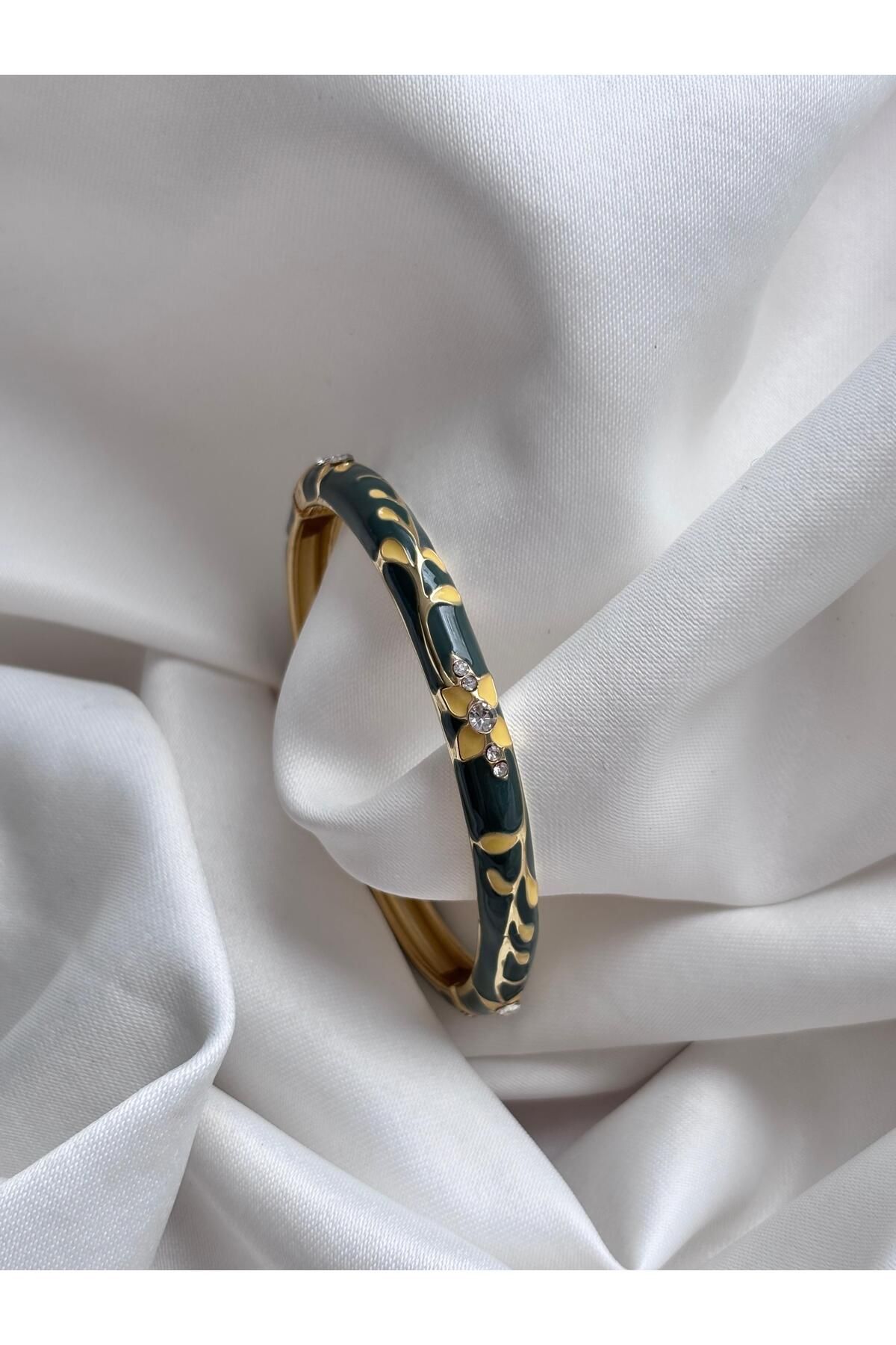 Bellamy Jewelry Mineli İnce Vintage Çiçekli Bilezik - Haki/Sarı