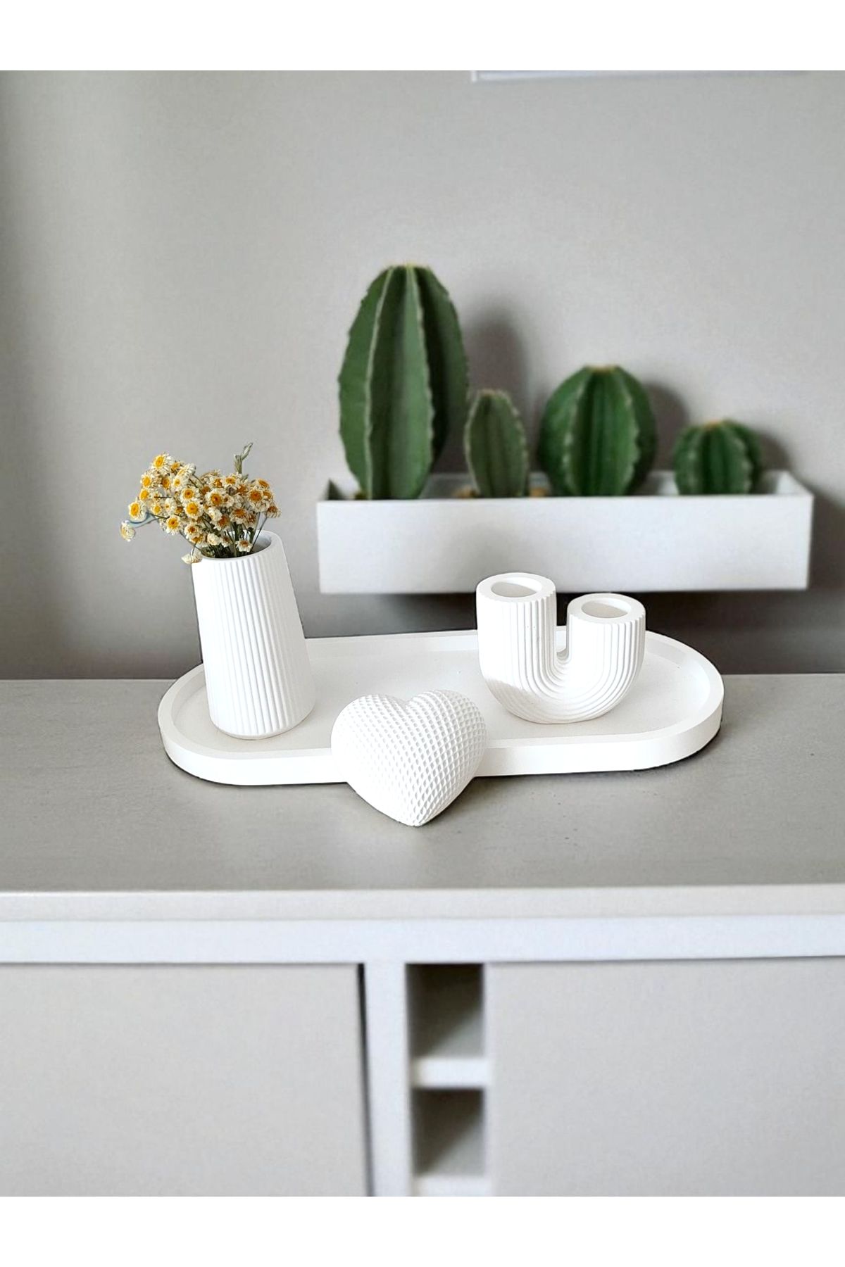 Minima Art Studio I Love U Dekoratif Set – El Yapımı Taş Tozu Vazo, Kalp Obje ve U Şamdan