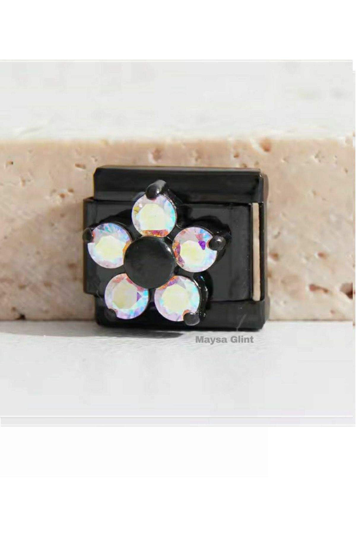 Maysa Glint Siyah Hologram Taşlı 3D Çiçek Paslanmaz Çelik Charm İtalyan Bileklik Charmı