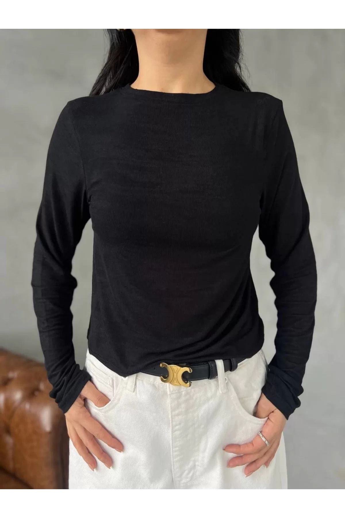 ruum fashions Bisiklet Yaka Uzun Kollu Crop