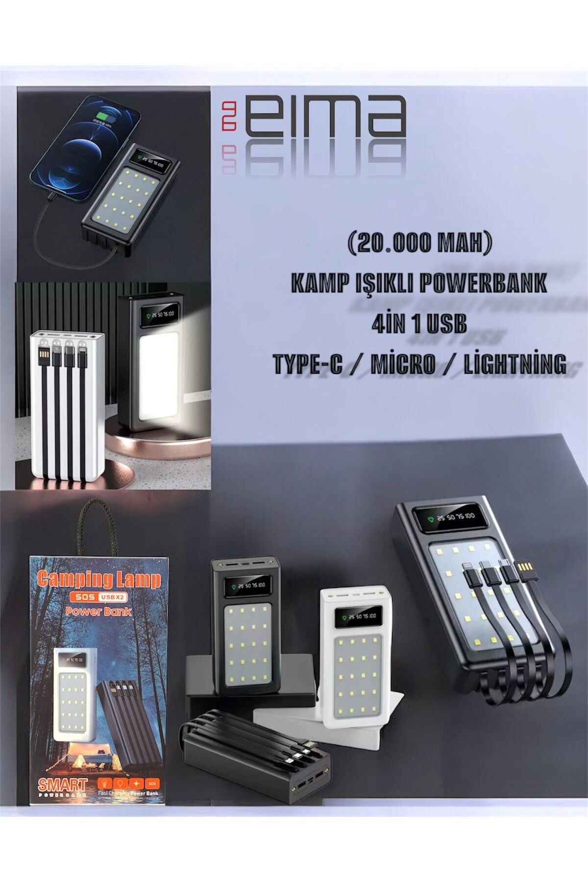 Bestech 20000 Mah Kamp Işıklı Powerbank 4in 1USB Type C Micro Lightning
