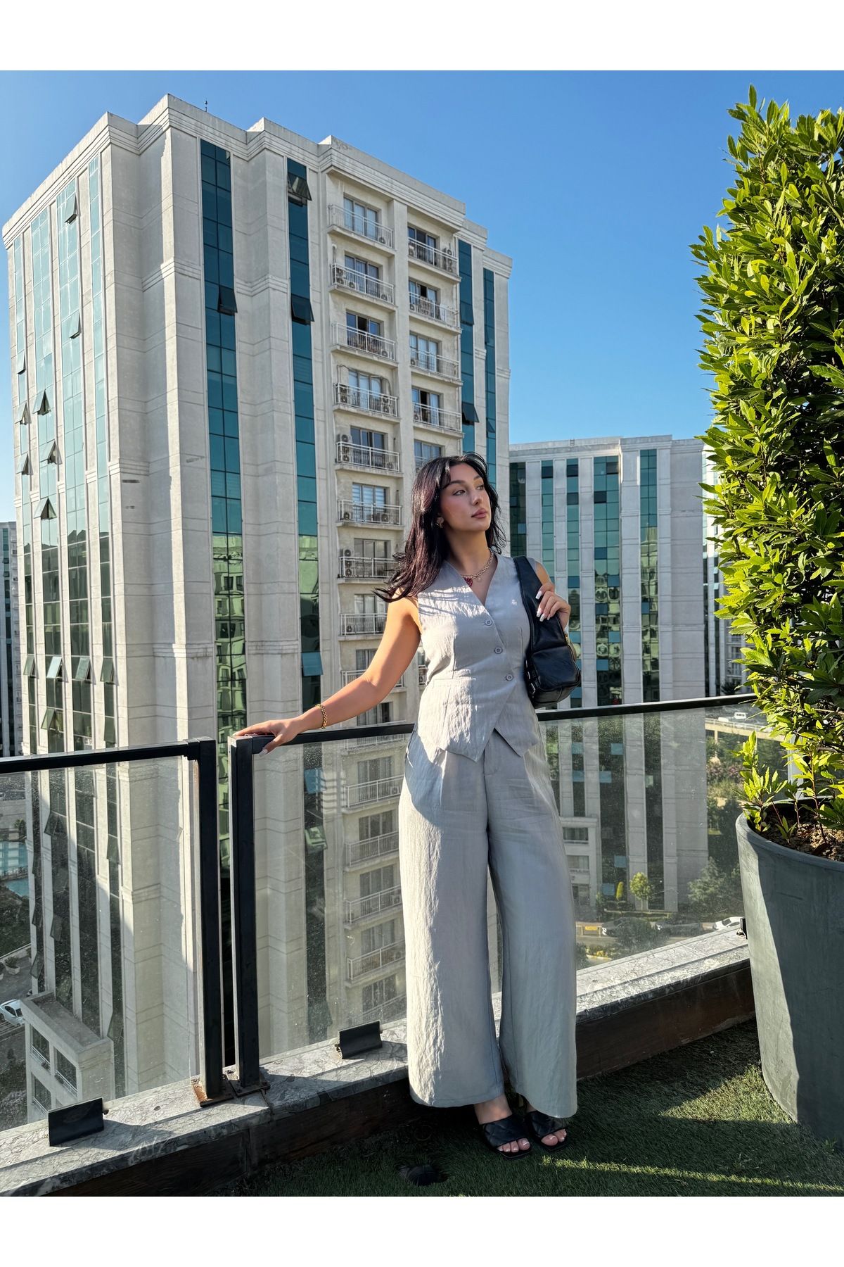 Fashion'S Kadın Gri Keten Yelek Pantolon Takım