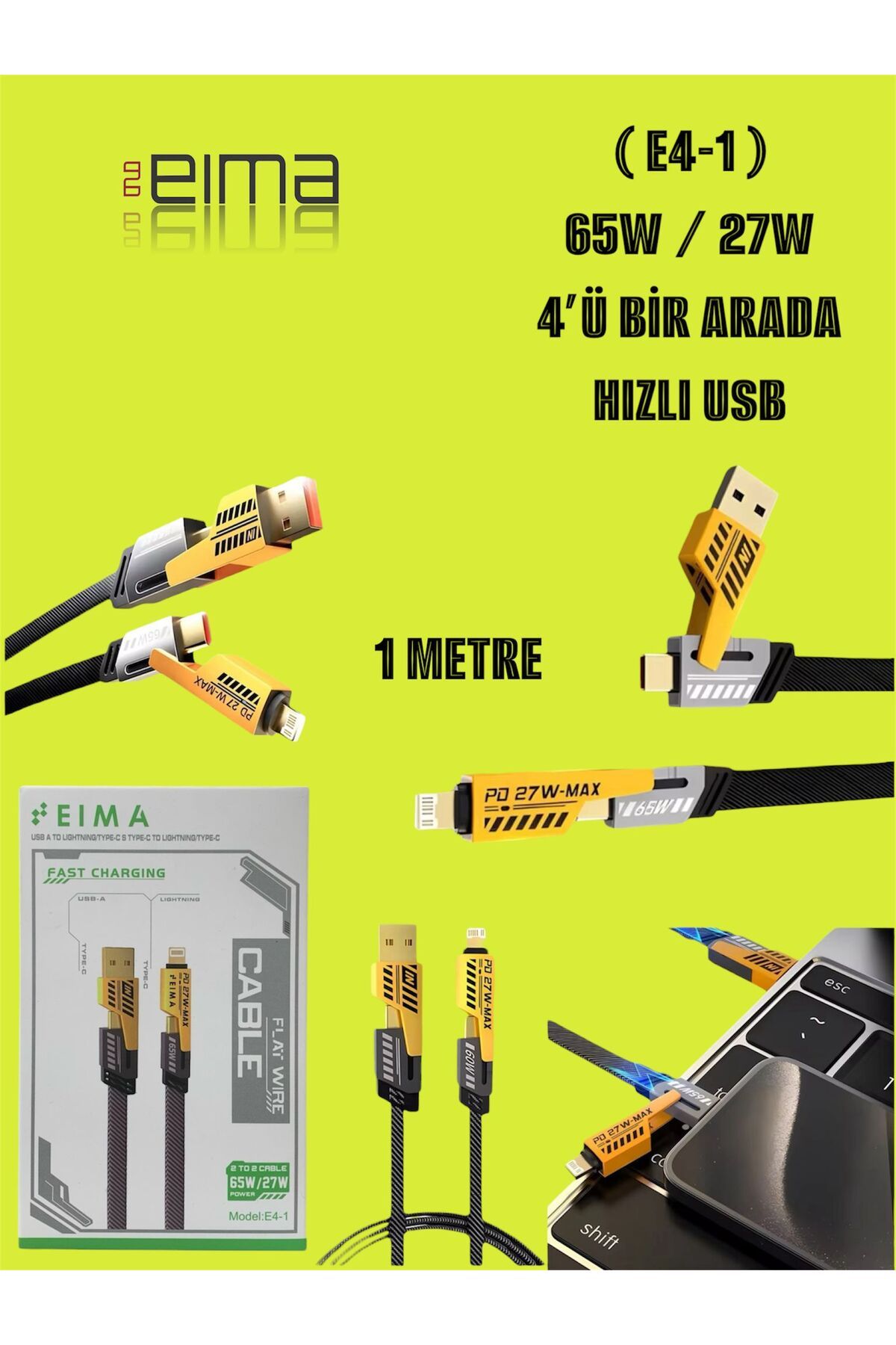 Bestech 1 Metre Şarj Kablosu 65W / 27W 4ü Bir Arada Hızlı USB