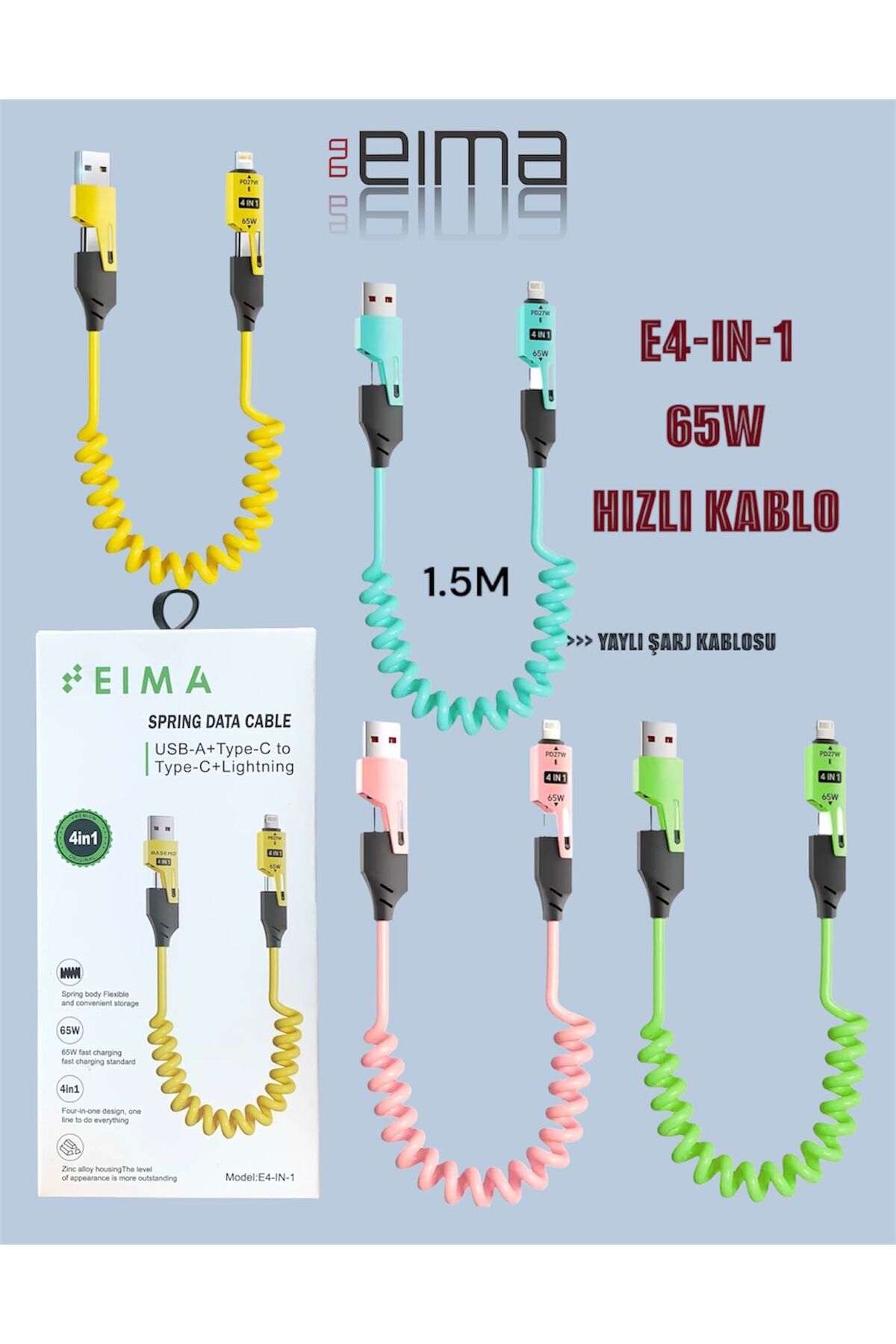Bestech 65W Hızlı Kablo 1.5 Metre 4in1 Yaylı Dayanıklı Şarj Kablosu