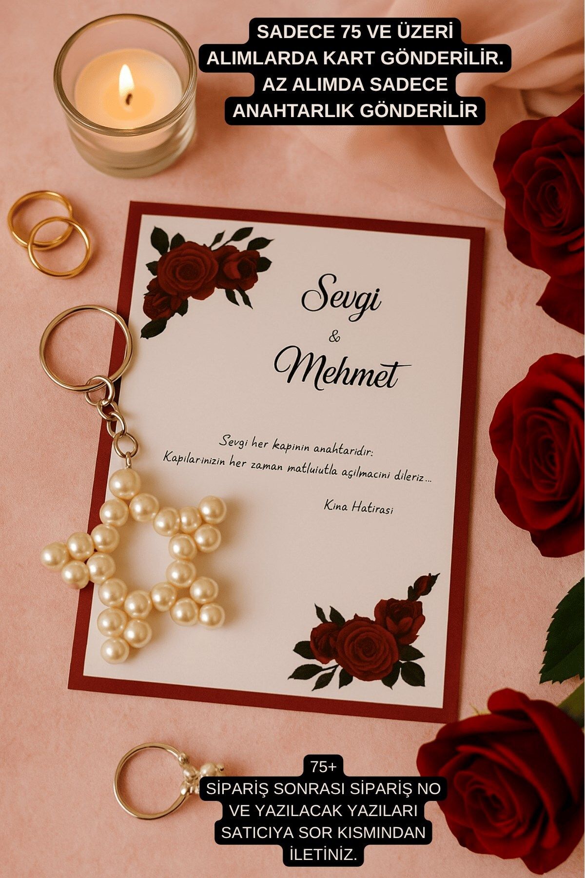 Emtory Home Kırmızı Gül Konsept 15 Adet İnci Anahtarlık - Kına Hediyesi - Nişan Hediyesi - Bride Nikah Hediye