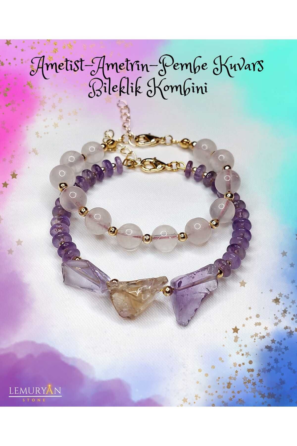 Herkimer Doğal Taş Ametist - Ametrin - Pembe Kuvars 2'li Doğaltaş Bileklik Kombini
