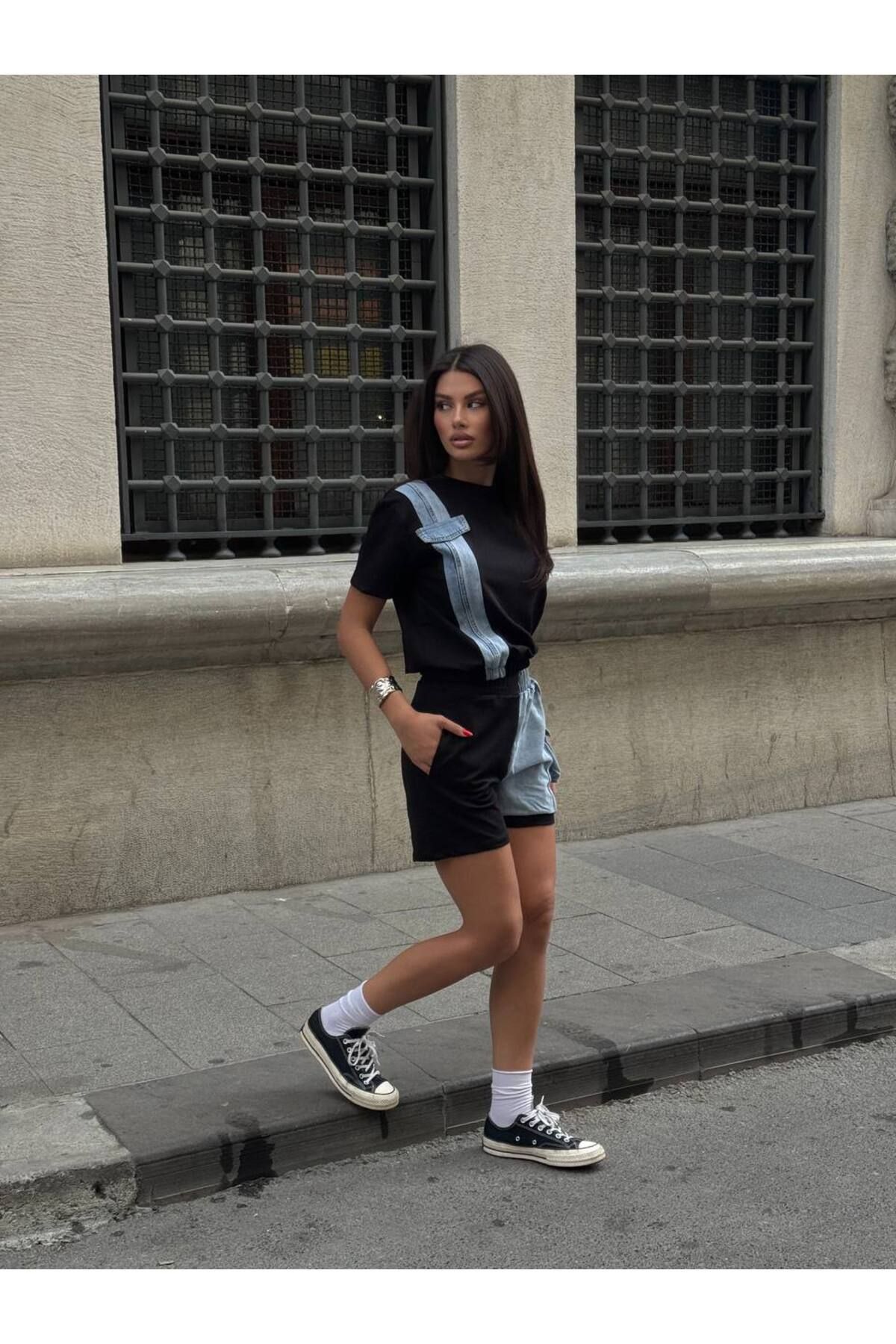 Castivo Fashion Kot Detaylı Renk Bloklu Şortlu Kadın Takım