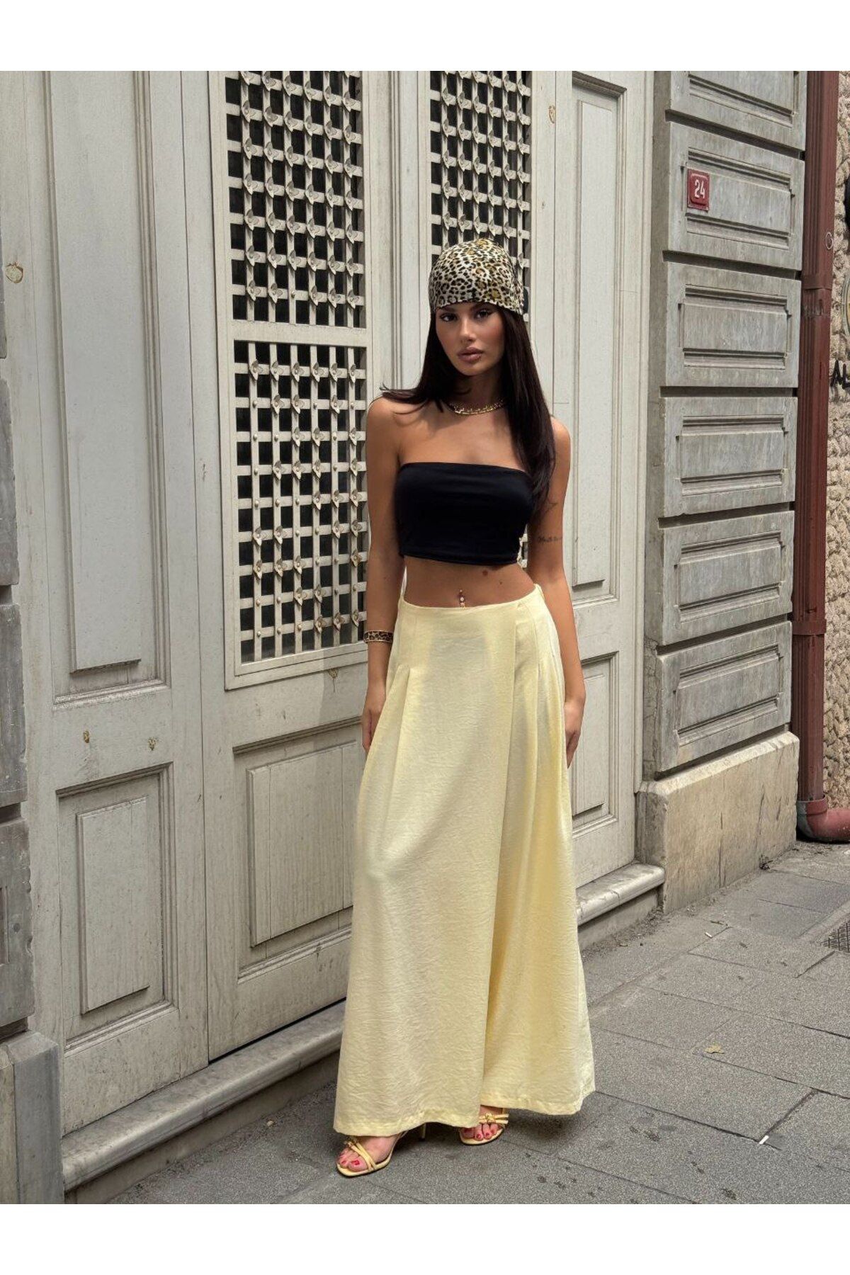 Castivo Fashion Yüksek Bel Bol Paça Saten Dokulu Kadın Pantolon